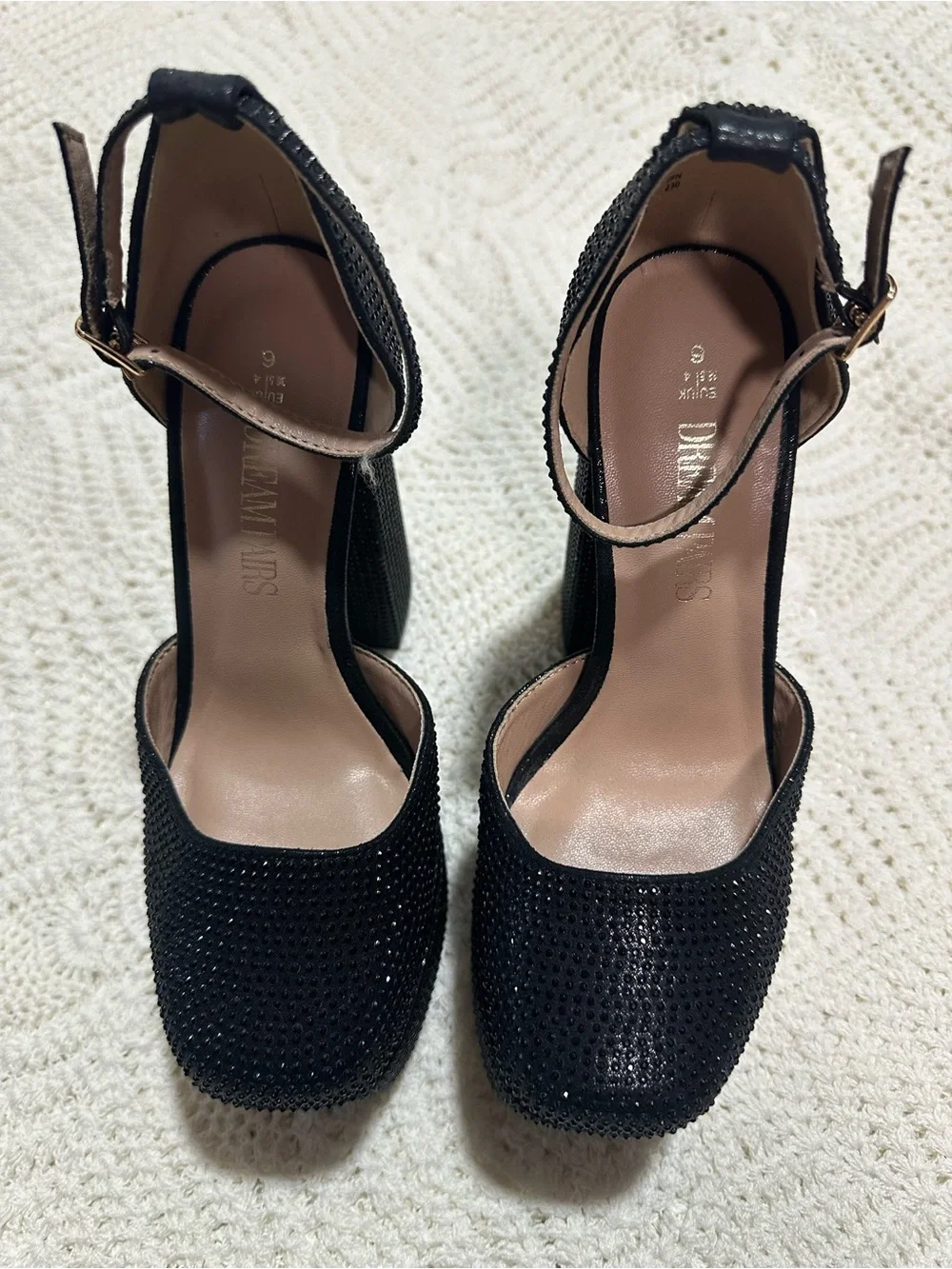 Amazon Black Crystal-Accented Platform Block Heel Sandals